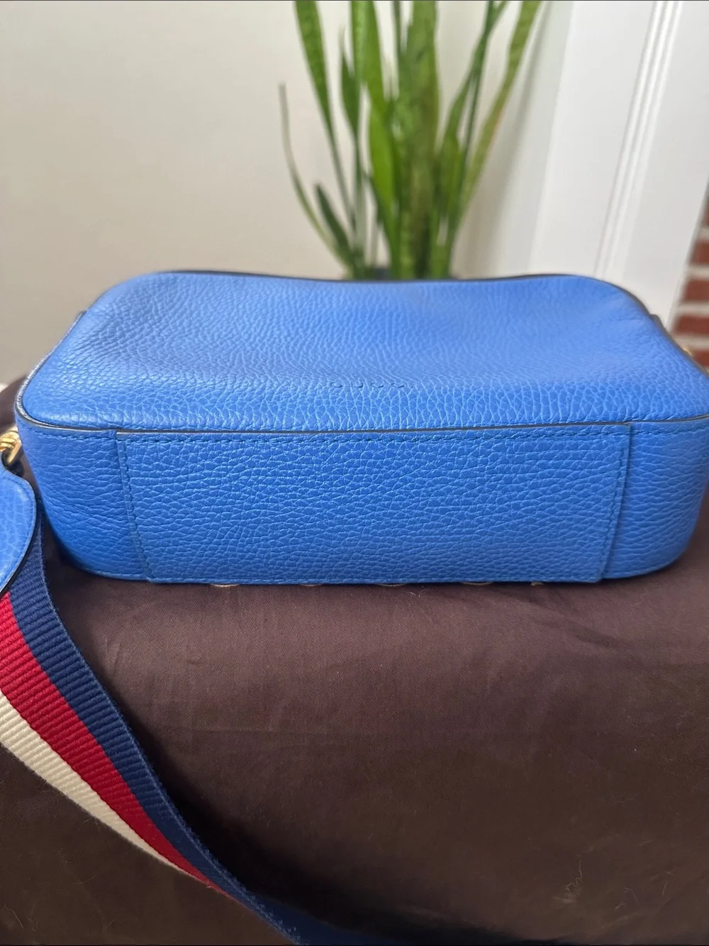 Gucci Blue Leather Tiger Motif Messenger Bag with Striped Strap